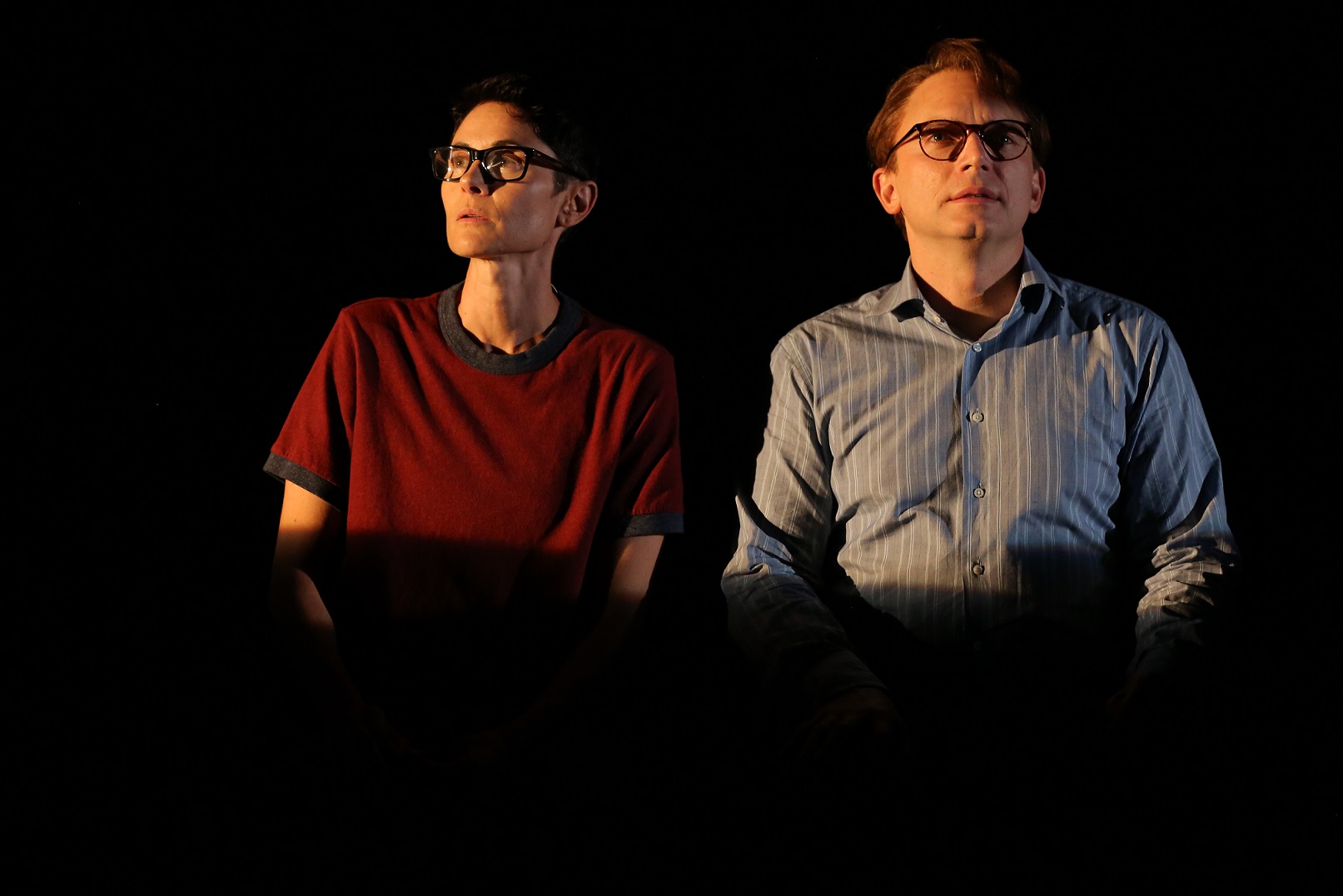 Beth Malone as Alison Bechdel and Michael Cerveris as Bruce Bechdel sit in a car as she relives the last memory she has of her and her dad together. (Photo by Joan Marcus)